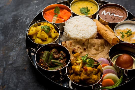 Delicious and colorful Indian thali